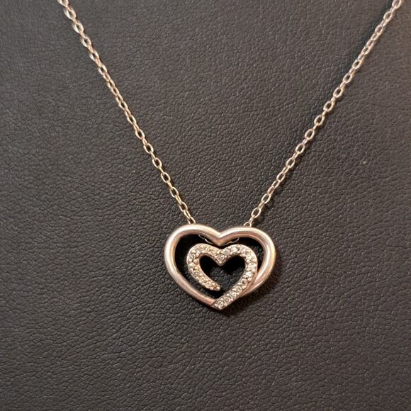 Sadye L. Vassil 925 Sterling Silver Diamond Double Heart 19" Pendant Necklace - Picture 1 of 6